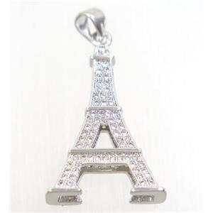 copper Eiffel Tower pendant paved zircon, platinum plated, approx 17x25mm