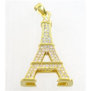 copper Eiffel Tower pendant paved zircon, gold plated, approx 17x25mm