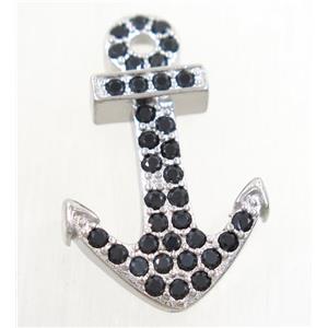 copper anchor pendant paved zircon, platinum plated, approx 17x26mm