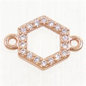 copper hexagon connector paved zircon, rose gold, approx 9mm