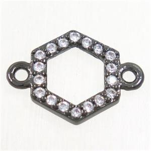 copper hexagon connector paved zircon, black plated, approx 9mm