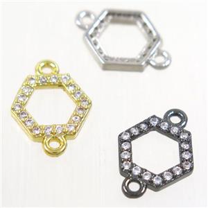 copper hexagon connector paved zircon, mix color, approx 9mm