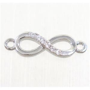 copper infinity connector paved zircon, platinum plated, approx 5x12mm