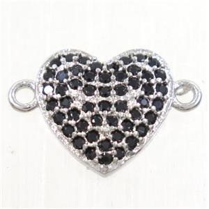 copper heart connector paved zircon, platinum plated, approx 10mm dia