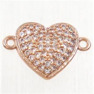 copper heart connector paved zircon, rose gold, approx 10mm dia