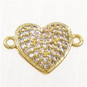 copper heart connector paved zircon, gold plated, approx 10mm dia