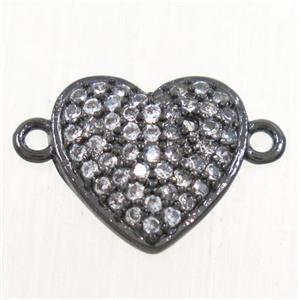 copper heart connector paved zircon, black plated, approx 10mm dia