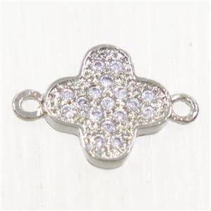 copper connector paved zircon, four-leaf clover, platinum plated, approx 8.5mm