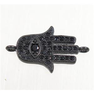 copper hamsahand connector paved zircon, black plated, approx 11-14mm