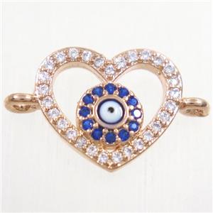 copper heart connector paved zircon with evil eye, rose gold, approx 12-13mm
