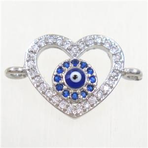 copper heart connector paved zircon with evil eye, platinum plated, approx 12-13mm
