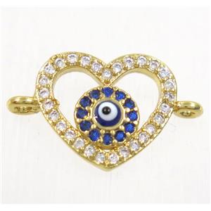 copper heart connector paved zircon with evil eye, gold plated, approx 12-13mm