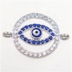 copper circle connector paved zircon with evil eye, platinum plated, approx 14mm dia