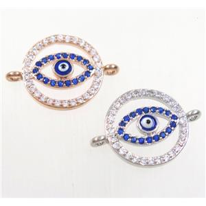 copper circle connector paved zircon with evil eye, mix color, approx 14mm dia