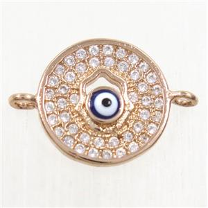 copper circle connector paved zircon with evil eye, rose gold, approx 12.5mm dia