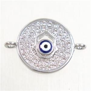 copper circle connector paved zircon with evil eye, platinum plated, approx 12.5mm dia