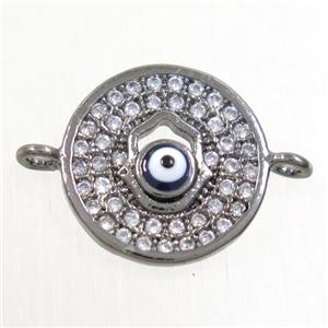 copper circle connector paved zircon with evil eye, black plated, approx 12.5mm dia
