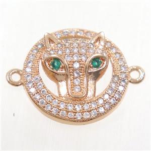 copper foxHead connector paved zircon, rose gold, approx 17mm dia