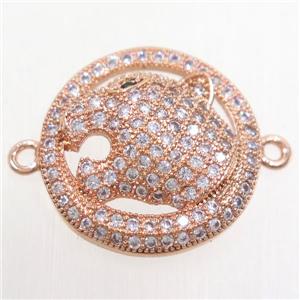 copper leopardHead connector paved zircon, rose gold, approx 19mm dia