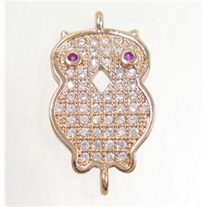 copper owl connector paved zircon, rose gold, approx 12-18mm