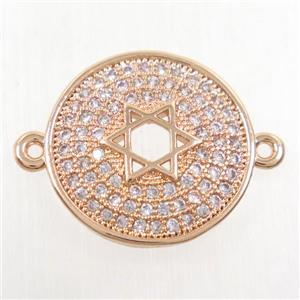 copper circle connector paved zircon with david star, rose gold, approx 15.5mm dia