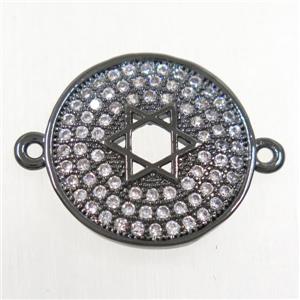 copper circle connector paved zircon with david star, black plated, approx 15.5mm dia