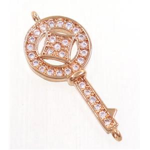 copper key connector paved zircon, rose gold, approx 12-19mm