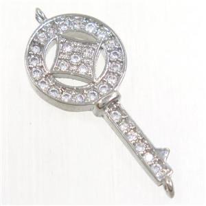 copper key connector paved zircon, platinum plated, approx 12-19mm