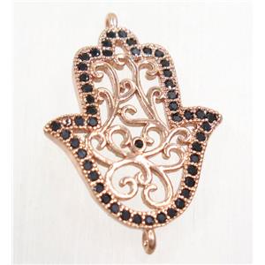 copper hamsahand connector paved zircon, rose gold, approx 18x21mm
