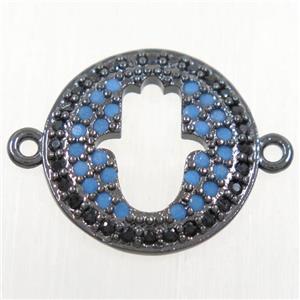 copper hamsahand connector paved zircon, black plated, approx 16mm dia