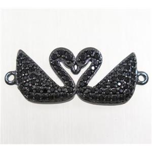 copper swan connector paved zircon, black plated, approx 10x20mm