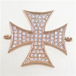 copper cross connector paved zircon, rose gold, approx 20x20mm
