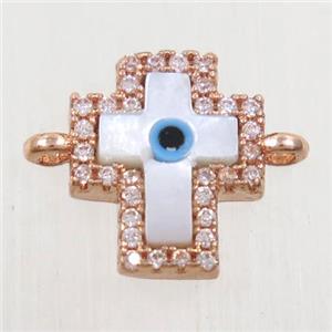 copper cross connector paved zircon with shell evil eye, rose gold, approx 10x12mm