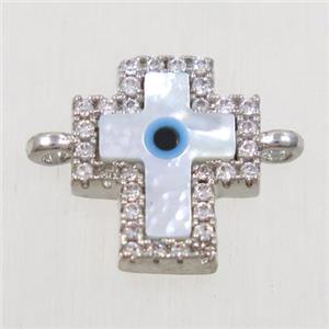 copper cross connector paved zircon with shell evil eye, platinum plated, approx 10x12mm