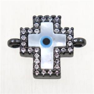 copper cross connector paved zircon with shell evil eye, black plated, approx 10x12mm