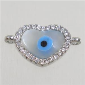 copper heart connector paved zircon with shell evil eye, platinum plated, approx 10x12mm