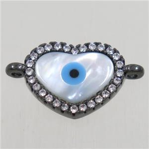 copper heart connector paved zircon with shell evil eye, black plated, approx 10x12mm