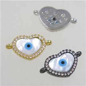 copper heart connector paved zircon with shell evil eye, mix color, approx 10x12mm
