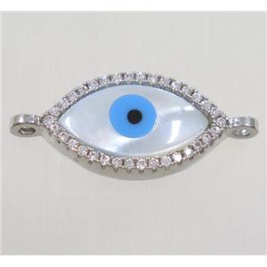 copper oval connector paved zircon with shell evil eye, platinum plated, approx 10x17mm