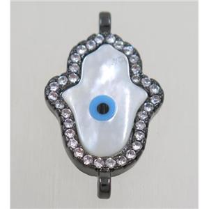 copper hamsahand connector paved zircon with shell evil eye, black plated, approx 12x17mm