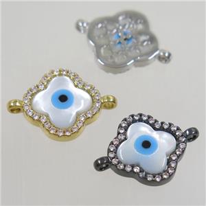 copper four-leaf Clover connector paved zircon with evil eye, mix color, approx 13mm dia