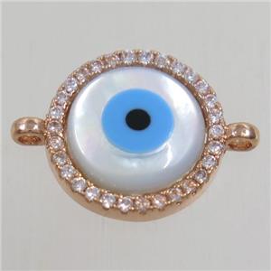 copper circle connector paved zircon with evil eye, rose gold, approx 15mm dia