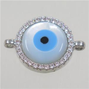 copper circle connector paved zircon with evil eye, platinum plated, approx 13mm dia