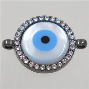 copper circle connector paved zircon with evil eye, black plated, approx 13mm dia