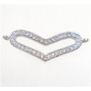 copper heart connector paved zircon, platinum plated, approx 10-23mm