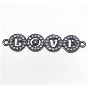 copper LOVE connector paved zircon, black plated, approx 8-28mm