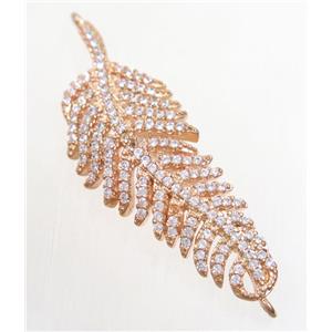 copper feather connector paved zircon, rose gold, approx 14-38mm