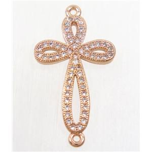copper cross connector paved zircon, rose gold, approx 15.5x23mm