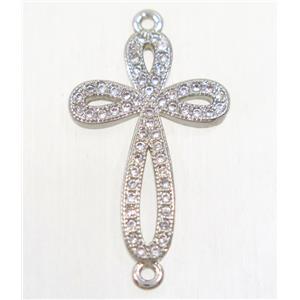 copper cross connector paved zircon, platinum plated, approx 15.5x23mm