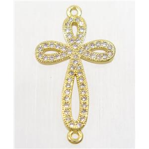 copper cross connector paved zircon, gold plated, approx 15.5x23mm